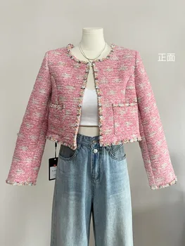 Корейската дамски дрехи за Хай стрийт, Елегантен бледо розово твидовое палто, яке с дълъг ръкав и джоб, Женски вълна кратък топ Casaco Luxury