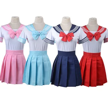 Лятна японската училищни униформи, аниме Cosplay, Моряк Костюм, блузи с къс ръкав + вратовръзка + пола, тъмно синьо студентски форма в стил чистота за момичета