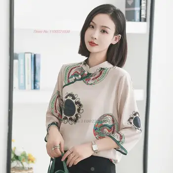 2023 китайска реколта сатен блуза супериорна чонсам, блуза с ориенталски флорални принтом, костюм от епохата на тан, етническа блуза, дамски градинска облекло