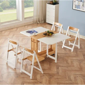 Скандинавски набор от столове за маса за хранене от масивно дърво, модерен многофункционален разтегателен маса, маса за хранене, стол, 1 маса и 4 кухненски стола