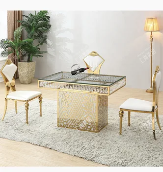 Сватбена маса за Хранене и стол в европейски стил, Банкетна маса в хотел, Закалено стъкло, модерен Луксозен позлатен стол за хранене