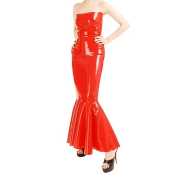 Червено Сексуално Латексово без ръкави рокля с дълъг риба опашка, Гума монтиране гащеризон, къдри отдолу, с по-Големи размери