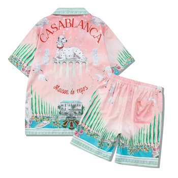 Лято Казабланка Дворец Градина Вила Узорчатый Принт Мъжки Женски кратък комплект Тениска Хавайски Плажен костюм в стил хип-хоп Мъжка риза с къси Панталони