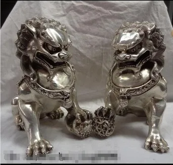 Китайски Сребърен Фън Шуй За Богатство Foo Fu Куче-Пазител На Лео Топката Бронзова Статуетка На Двойка