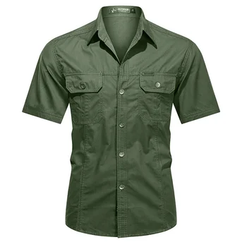 Ризи-Карго Във военната Стил, Мъжки Летни Ежедневни Ризи от 100% Памук с къс ръкав, Однобортная Ризата Homme, по-Големи Размери 5XL, Армията Облекло