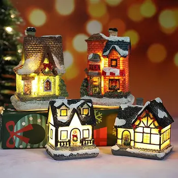 Коледен Селски Комплект Мини-Светлинен Къща от Смола, Светещи в Тъмното Снежна Хижа, се Събират на Сградата, Миниатюрните за Украса на Масата