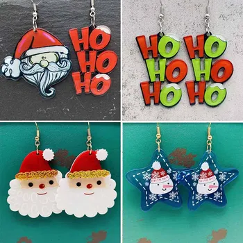 Нови Коледни акрилни обеци Дядо Коледа, Коледна елха, Снежен човек, Снежинка, Асиметрични обеци, Коледна украса