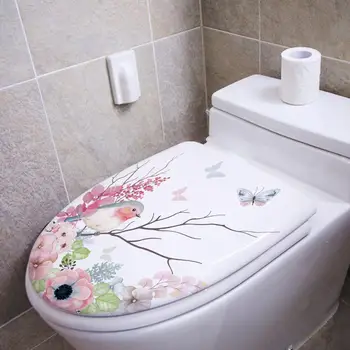 Стикер за тоалетна чиния с птичи цвете, Водоустойчиви стикери за капака на тоалетната чиния с шарени птици и цветя за дома баня в стила на природата