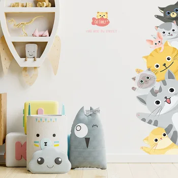 Семейство анимационни котки, детска спалня, декорация на стените на детската градина, стикери за стена, самозалепващи естетически тапети за декор на стаята
