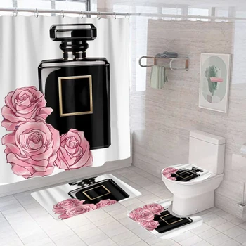 Козметика, парфюми и цветя, 3D завеси за душ, 4 бр. в комплект с куки, интериор с принтом, Водоустойчив завеса за баня, капак за тоалетна