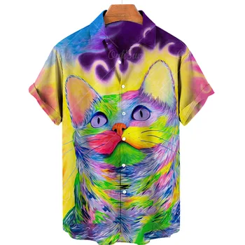 Новата модерна риза със звездна котка, Хавайска риза, мъжки ежедневни блузи за почивка на море, тениски с 3D принтом, мъжки ризи от полиестер
