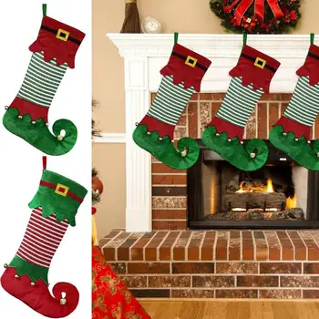 Коледни чорапи, червени и зелени Елфските чорапи със звънчета, Коледни украшения за Празнични вечери, Празничен Коледен начало декор