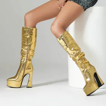 2023 Модни дамски ботуши до коляното От изкуствена кожа, Ботуши на платформа с квадратна ток, Есен-зима, дамски обувки цвят: Златист, Сребрист, Черен, бял