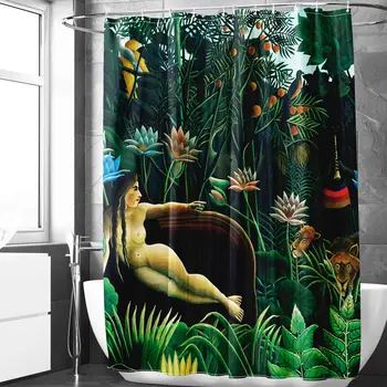 Класическият модел с тропически пейзаж, Завеса за душ, Абстрактно изкуство, Дизайн Анри Русо, Водоустойчив плат, Завеса за баня