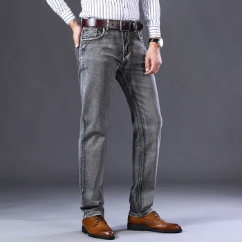 Бизнес мъжки дънки, ежедневни директни стрейчевые Модерен Класически сиви работни дънкови панталони, мъжка марка дрехи