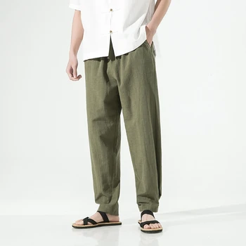 Мъжки памучни ленени панталони в японски стил, Мъжки ежедневни панталони с прав штанинами, Традиционен костюм от епохата на Тан в китайски стил, зреещи Homme