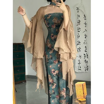 Нов Костюм в китайския национален стил, хладно лятно рокля-комбинация дължина до гърдите си, пола с принтом Дзен, рокля-двойка, дамски рокли