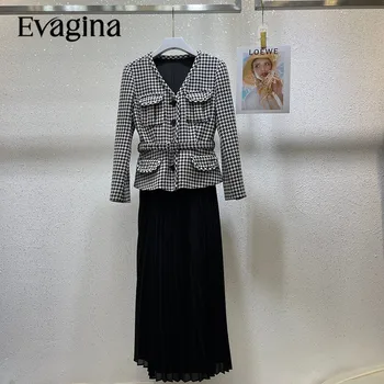 Evagina Плиссированное мозайка однобортное палто с колан, Дълга рокля, Пролетно-есенни женски Нови банкетни рокли с дълги ръкави и V-образно деколте