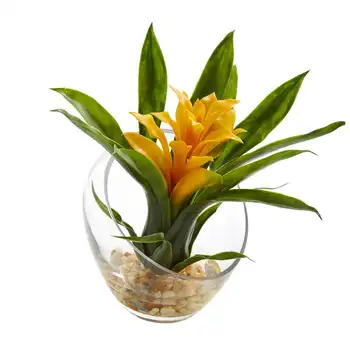 Изкуствени цветя, тропически bromeliads в ъглов ваза с Изкуствени Жълти Сухи цветя за эвкалиптовых гирлянди от смола, Записан поток